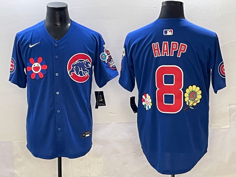 Men 2025 Chicago Cubs 8 Happ Blue Flower Edition Nike MLB Jersey style 52